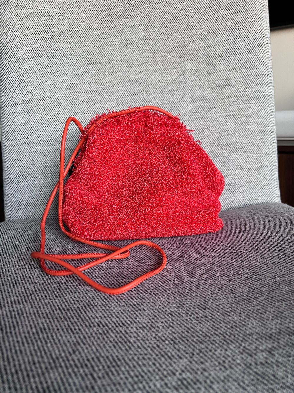 Orange-red leather and textile crossbody party bag